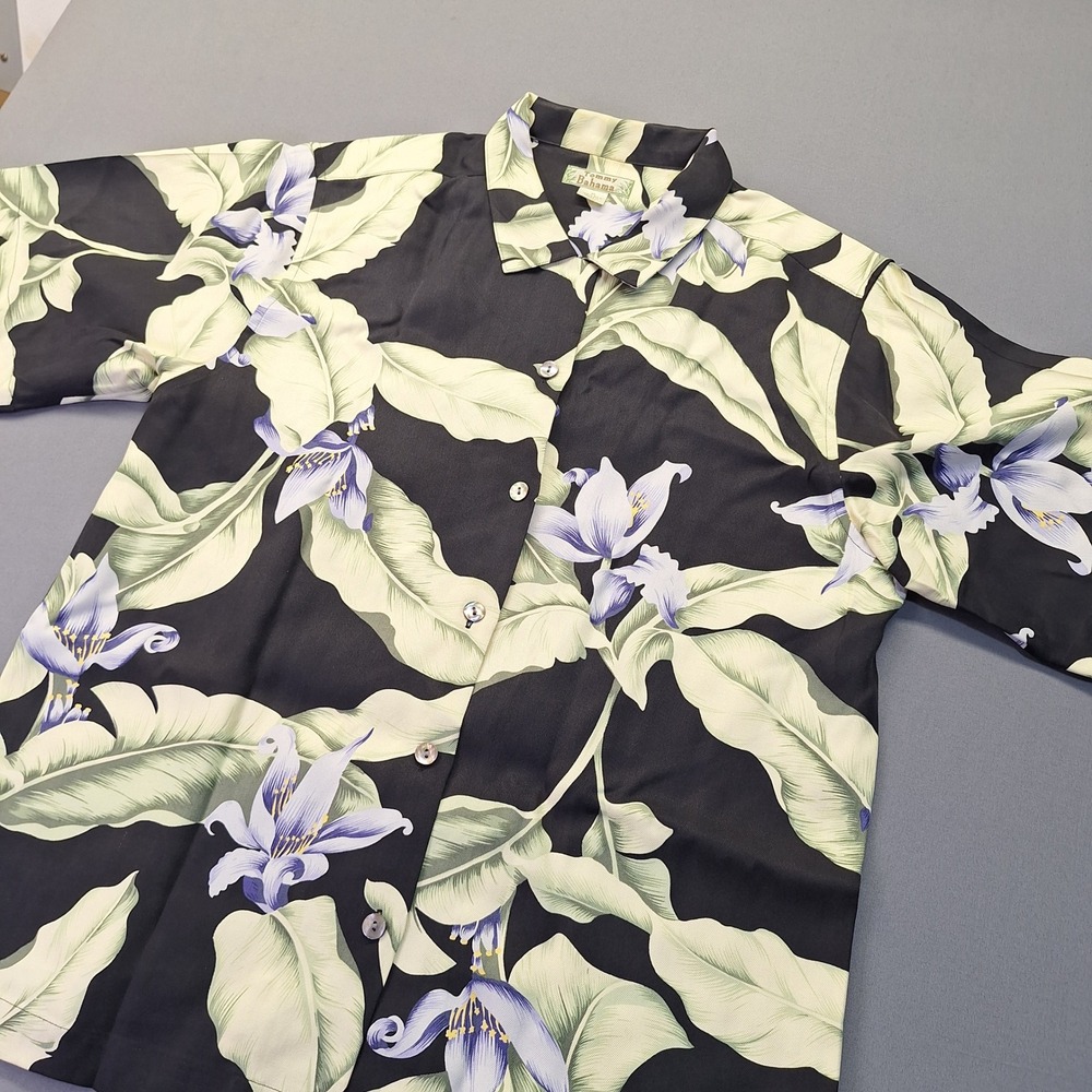 Tommy Bahama Mens M Black Silk Tropical Floral Banana Leaf Camp Shirt Beach